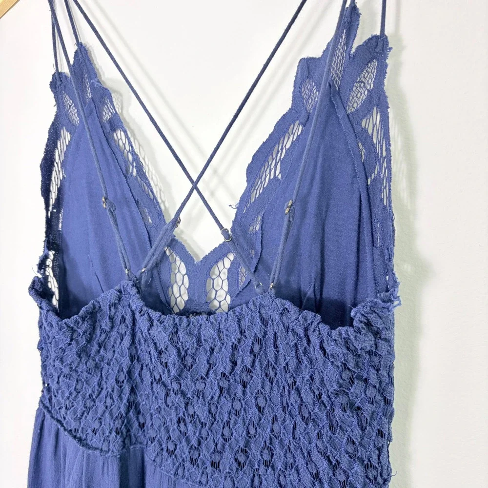 Free People FP One Adella Maxi Slip Dress Navy Blue Crochet‎ Lace Ruffle Small